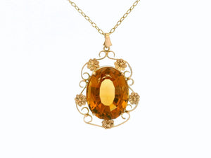 ANTIQUE ARTS & CRAFTS CITRINE PENDANT & CHAIN 9ct GOLD