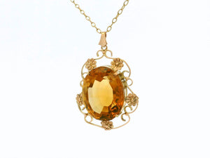 ANTIQUE ARTS & CRAFTS CITRINE PENDANT & CHAIN 9ct GOLD