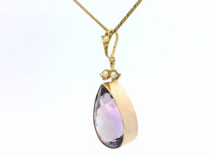 ANTIQUE EDWARDIAN AMETHYST & SEED PEARL PENDANT 14ct GOLD