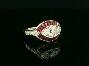 ANTIQUE ART DECO RUBY & DIAMOND RING 18ct WHITE GOLD
