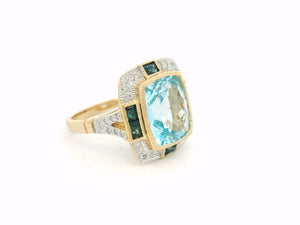 MODERN ART DECO STYLE TOPAZ SAPPHIRE & DIAMOND RING 9ct GOLD
