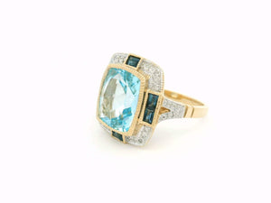 MODERN ART DECO STYLE TOPAZ SAPPHIRE & DIAMOND RING 9ct GOLD