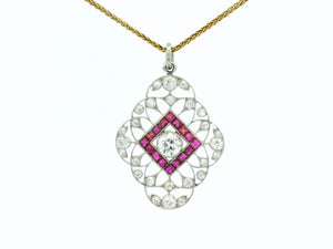 ANTIQUE EDWARDIAN PLATINUM DIAMOND & RUBY PENDANT