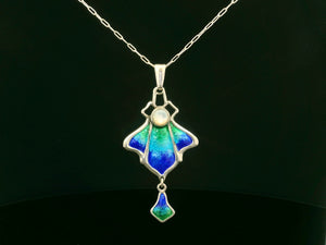 ANTIQUE ART NOUVEAU 1901 CHARLES HORNER SLIVER ENAMEL & MOONSTONE NECKLACE & CHAIN