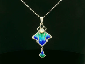 ANTIQUE ART NOUVEAU 1901 CHARLES HORNER SLIVER ENAMEL & MOONSTONE NECKLACE & CHAIN