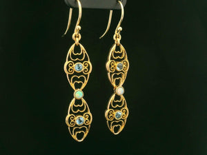 ANTIQUE EDWARDIAN AQUAMARINE & OPAL EARRINGS 15ct GOLD
