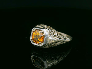 ART DECO ORANGE SAPPHIRE FILIGREE RING 18ct WHTE GOLD