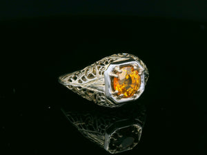 ART DECO ORANGE SAPPHIRE FILIGREE RING 18ct WHTE GOLD