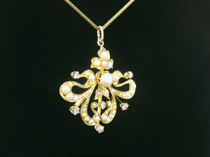 ANTIQUE AUSTRALIAN c1900 DIAMOND & PEARL PENDANT 15ct GOLD
