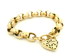 ANTIQUE 37.54g ROLLO LINK BRACELET WITH FILIGREE HEART PADLOCK  9ct GOLD