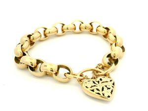 ANTIQUE 37.54g ROLLO LINK BRACELET WITH FILIGREE HEART PADLOCK 9ct GOLD