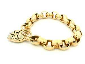ANTIQUE 37.54g ROLLO LINK BRACELET WITH FILIGREE HEART PADLOCK 9ct GOLD