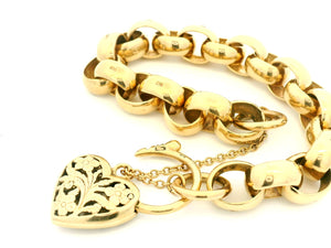 ANTIQUE 37.54g ROLLO LINK BRACELET WITH FILIGREE HEART PADLOCK  9ct GOLD