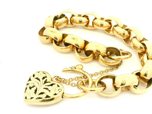 ANTIQUE 37.54g ROLLO LINK BRACELET WITH FILIGREE HEART PADLOCK 9ct GOLD