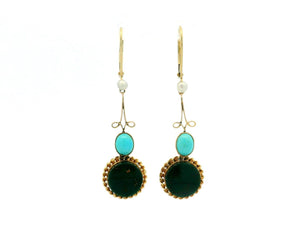 ANTIQUE PEARL TURQUOISE & BLOODSTONE EARRINGS 9ct GOLD