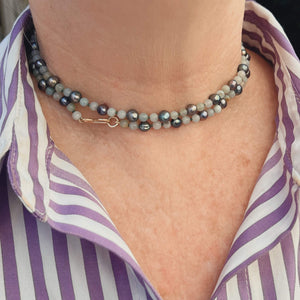 BESPOKE TAHITIAN PEARL & AQUAMARINE NECKLACE 9ct GOLD