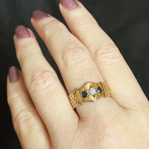 ANTIQUE AUSTRALIAN c1900 SAPPHIRE & DIAMOND RING 9ct ROSE & YELLOW GOLD