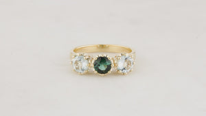 BESPOKE TOURMALINE & AQUAMARINE TRILOGY RING 14ct GOLD