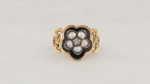 ANTIQUE VICTORIAN 1852 DIAMOND & PEARL MOURNING RING 18ct GOLD