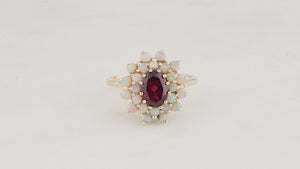 VINTAGE GARNET & SOLID OPAL CLUSTER RING 9CT GOLD