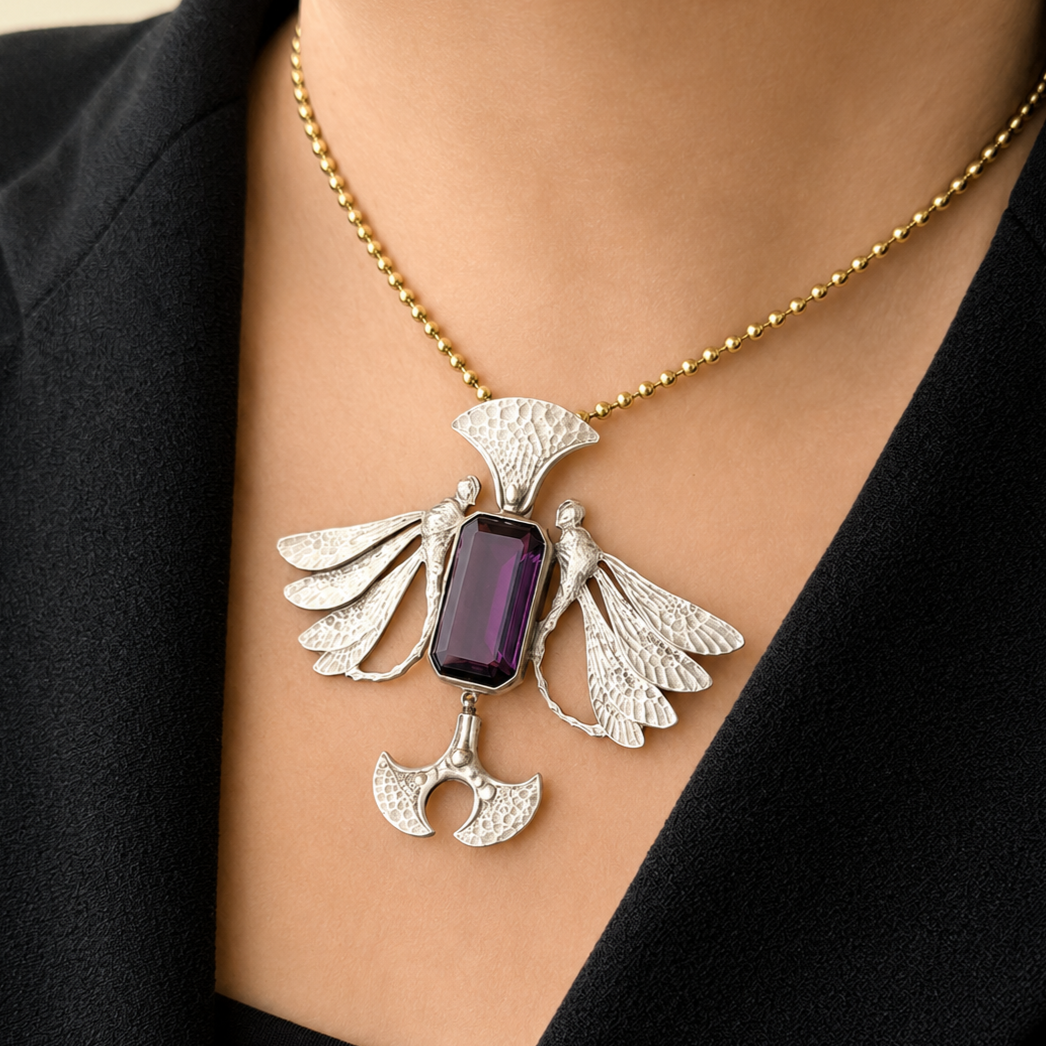SILVER ARTS & CRAFTS 17ct AMETHYST DRAGONFLY PENDANT
