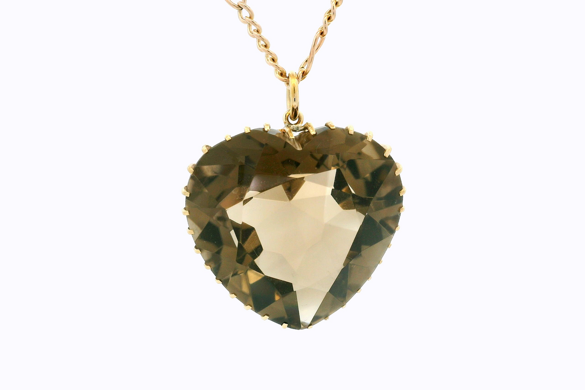 VINTAGE ESTATE 1966 SMOKY QUARTZ HEART PENDANT &amp; CHAIN 12ct GOLD