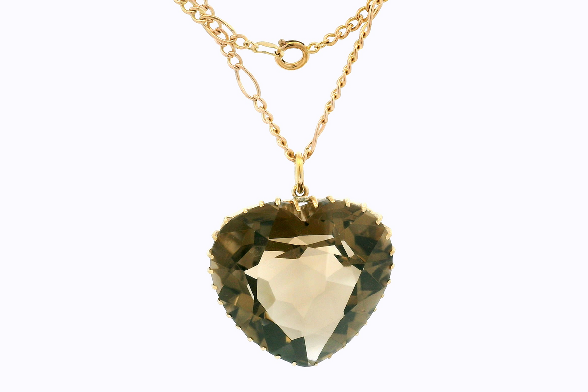 VINTAGE ESTATE 1966 SMOKY QUARTZ HEART PENDANT &amp; CHAIN 12ct GOLD