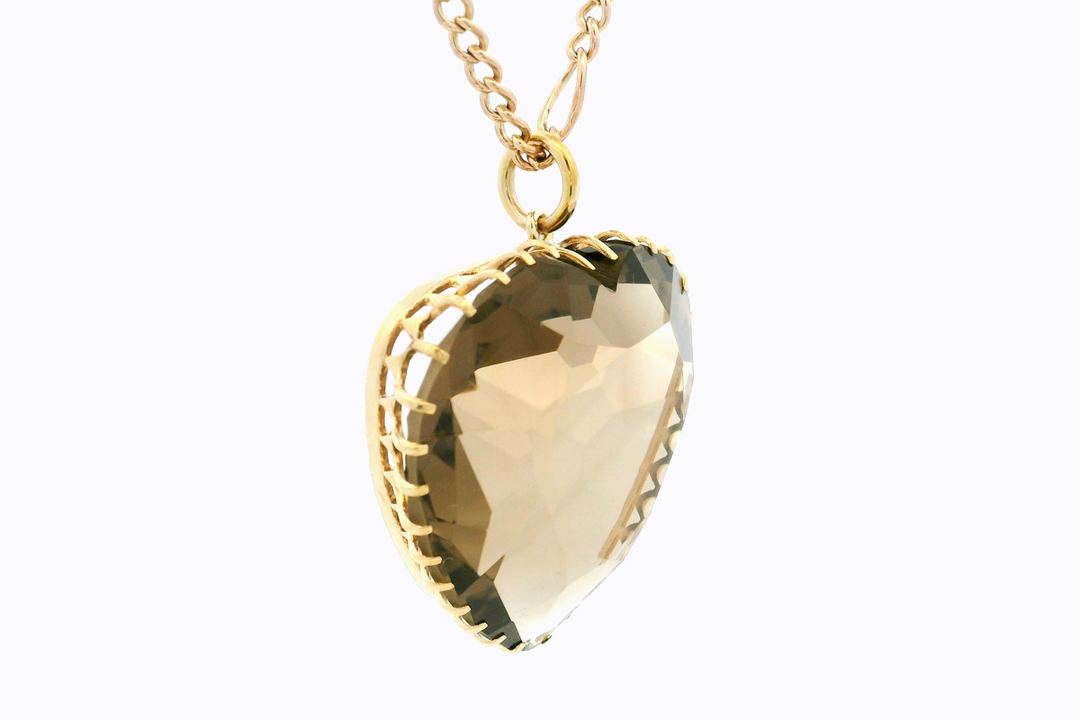 VINTAGE ESTATE 1966 SMOKY QUARTZ HEART PENDANT &amp; CHAIN 12ct GOLD