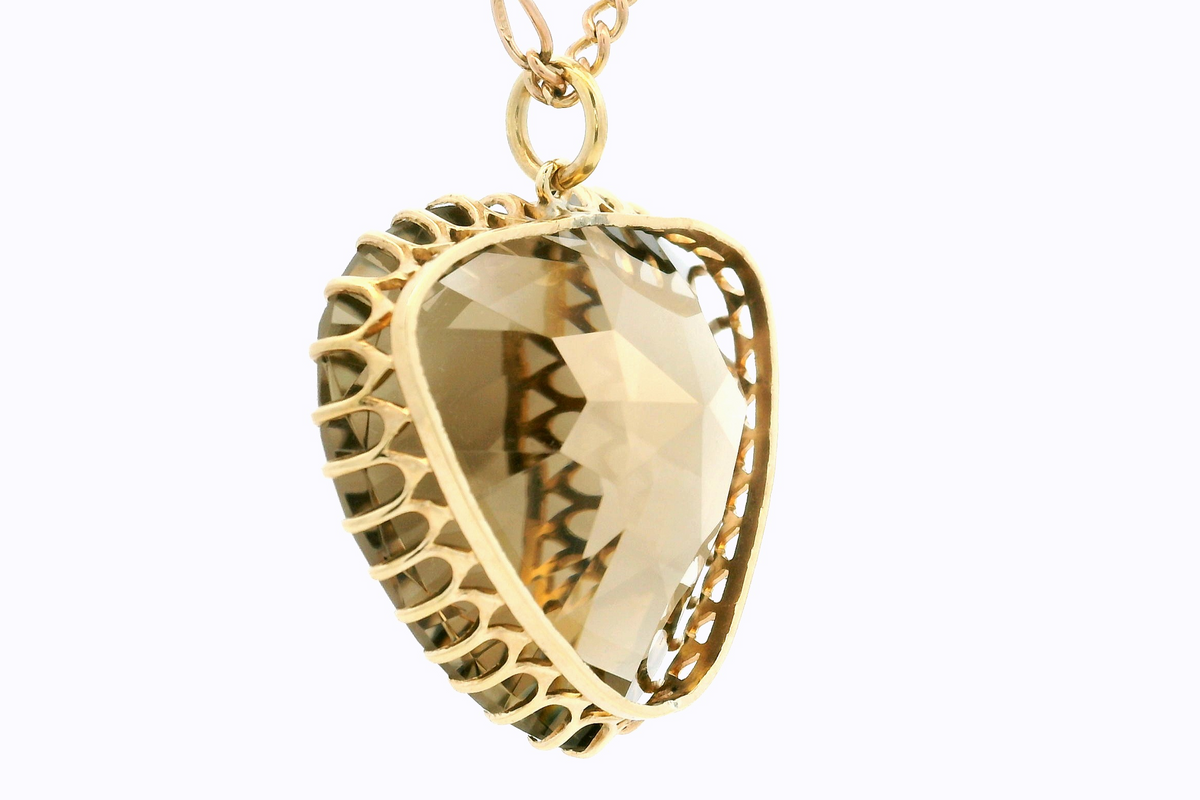 VINTAGE ESTATE 1966 SMOKY QUARTZ HEART PENDANT &amp; CHAIN 12ct GOLD