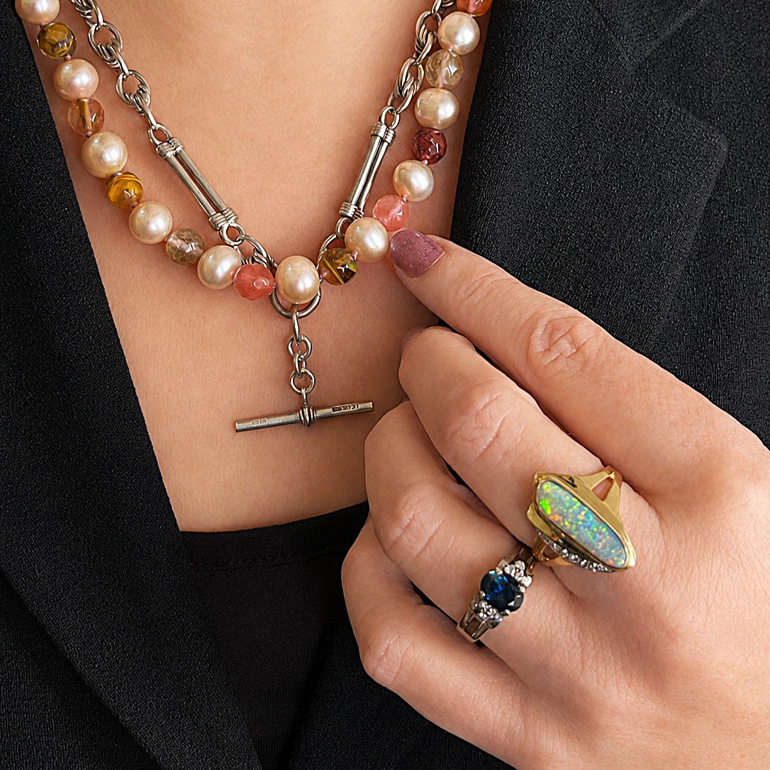 BESPOKE BLUSH PEARL &amp; TOURMALINE IN QUARTZ NECKLACE 9ct GOLD