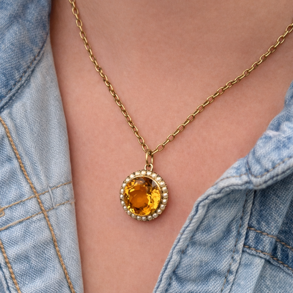 ANTIQUE EDWARDIAN CITRINE &amp; PEARL PENDANT 9ct GOLD