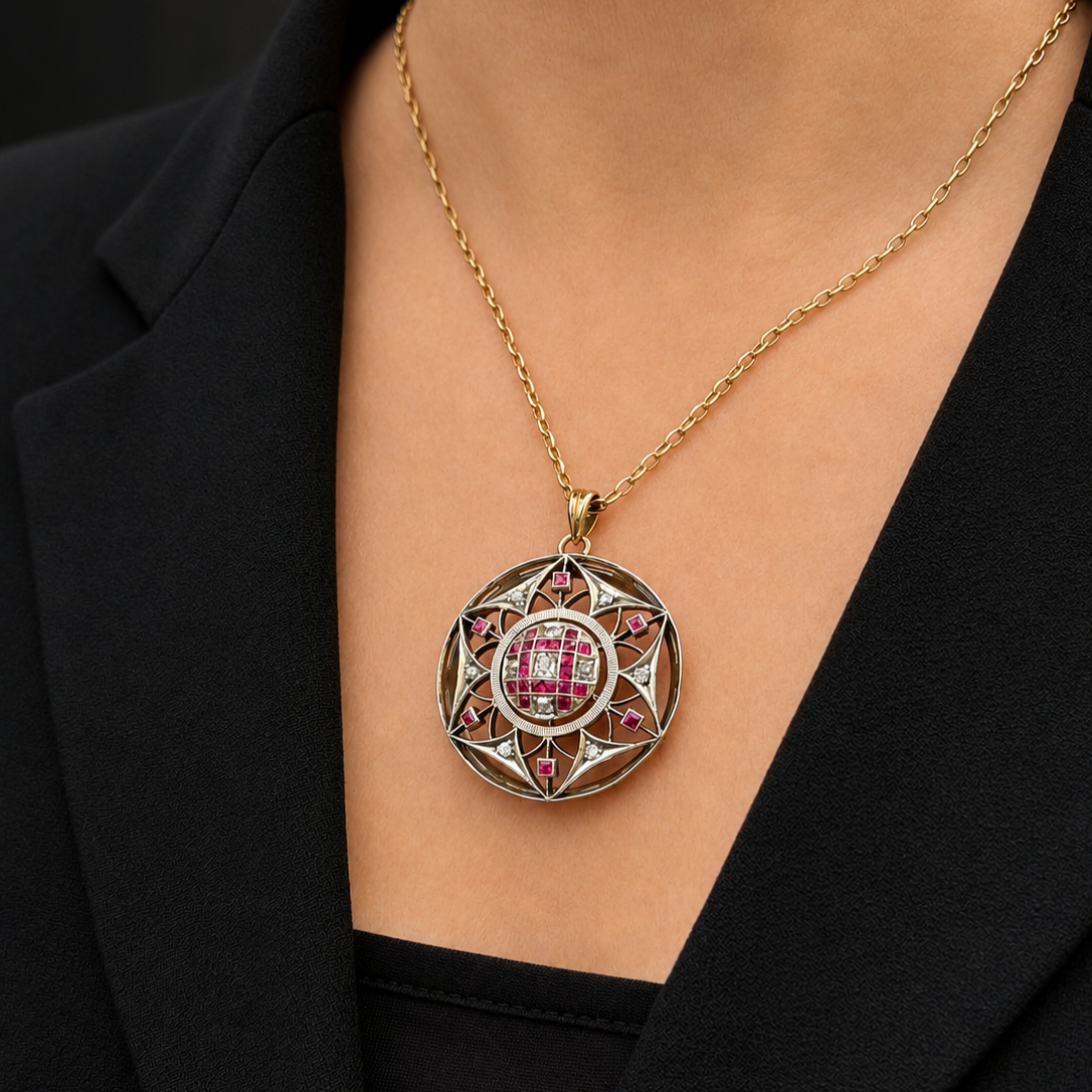 ANTIQUE VICTORIAN c1880 RUBY &amp; DIAMOND PENDANT 9ct GOLD &amp; SILVER