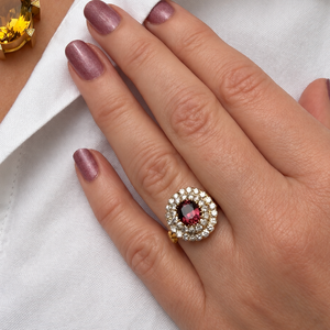 VINTAGE TOURMALINE & DIAMOND DOUBLE HALO RING 18ct GOLD