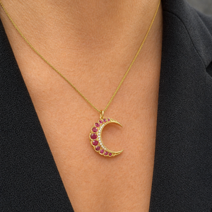 RETRO RUBY & DIAMOND CRESCENT MOON PENDANT 9ct GOLD