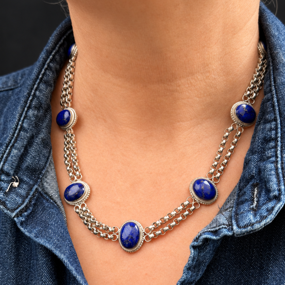 VINTAGE STERLING SILVER LAPIS LAZULI NECKLACE