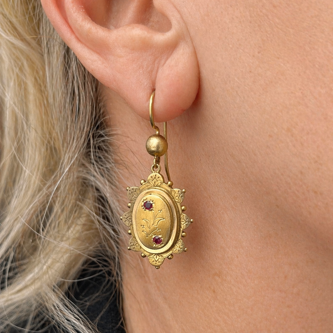 ANTIQUE AESTHETIC MOVEMENT RUBY EARRINGS 15ct GOLD