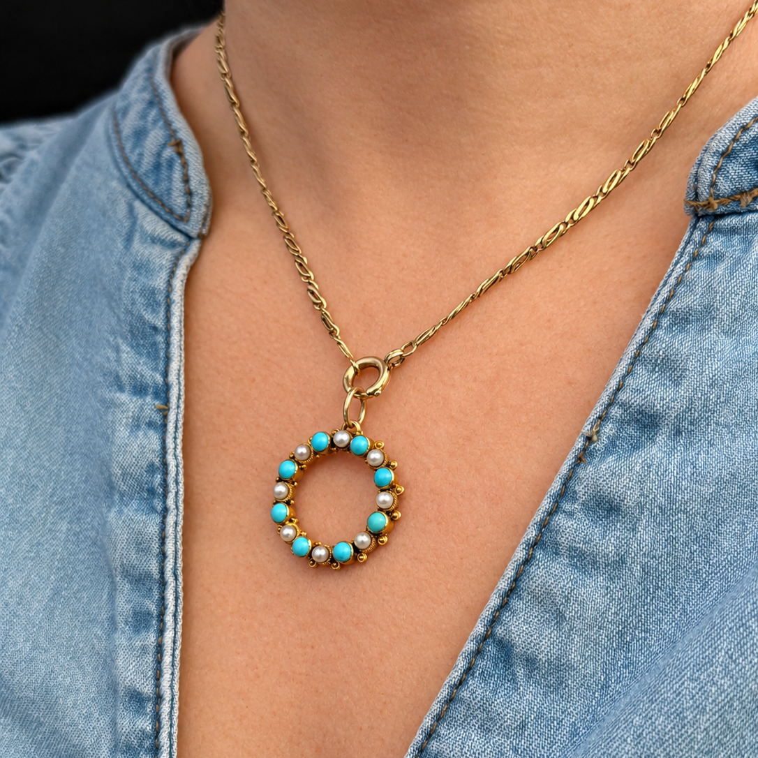 ANTIQUE VICTORIAN TURQUOISE & PEARL PENDANT 18ct GOLD