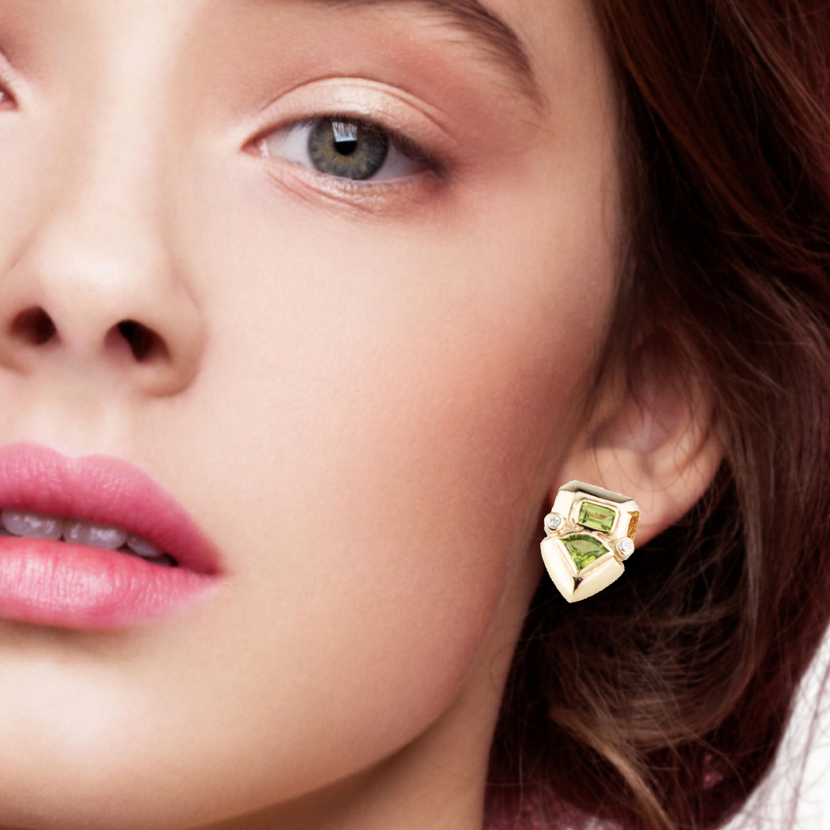 RETRO STATEMENT PERIDOT &amp; DIAMOND EARRINGS 9ct GOLD