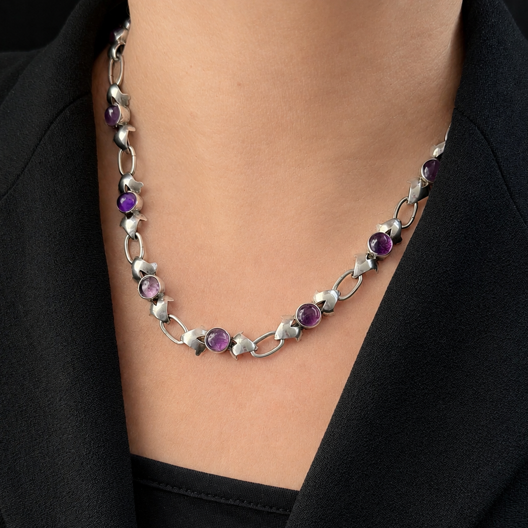 VINTAGE MID-CENTURY 21.84ct AMETHYST NECKLACE STERLING SILVER
