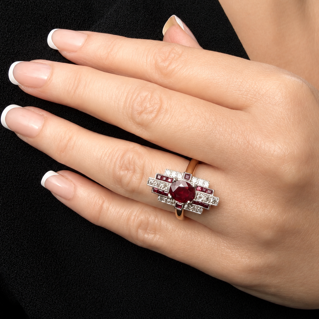 ART DECO PIGEON BLOOD RUBY & DIAMOND RING 18ct GOLD