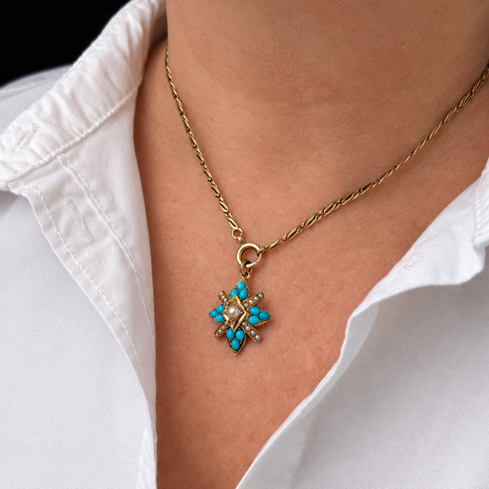 ANTIQUE VICTORIAN TURQUOISE & PEARL PENDANT 15ct GOLD