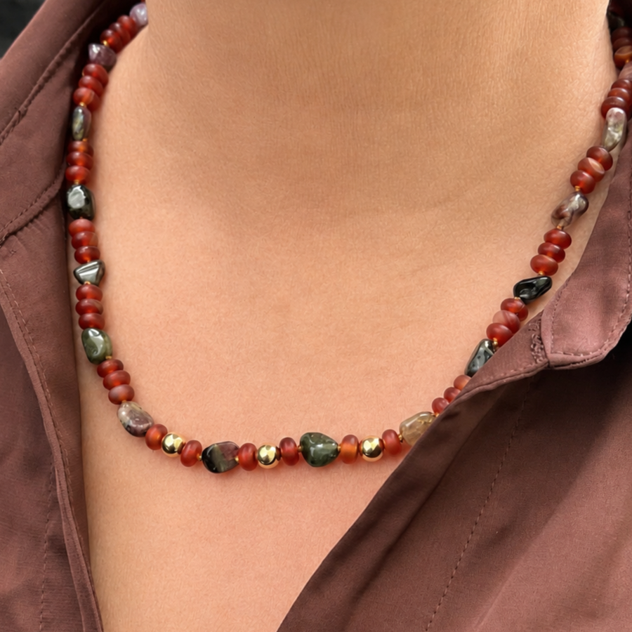 BESPOKE RED AGATE &amp; TOURMALINE NECKLACE 9ct GOLD