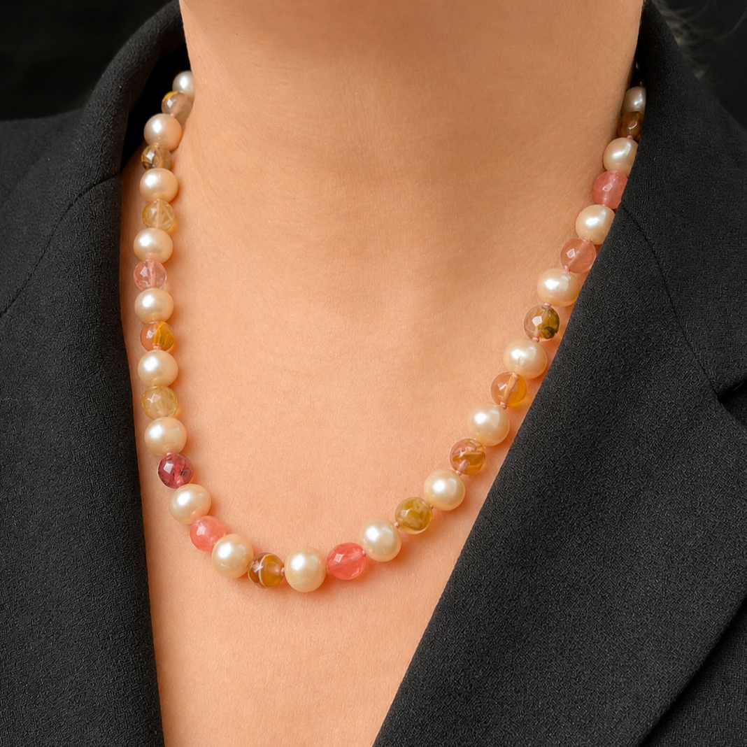 BESPOKE BLUSH PEARL &amp; TOURMALINE IN QUARTZ NECKLACE 9ct GOLD
