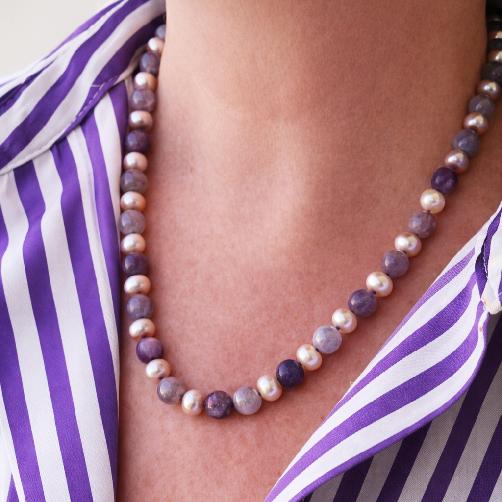 BESPOKE PINK PEARL &amp; PLUM TOURMALINE NECKLACE 9ct GOLD