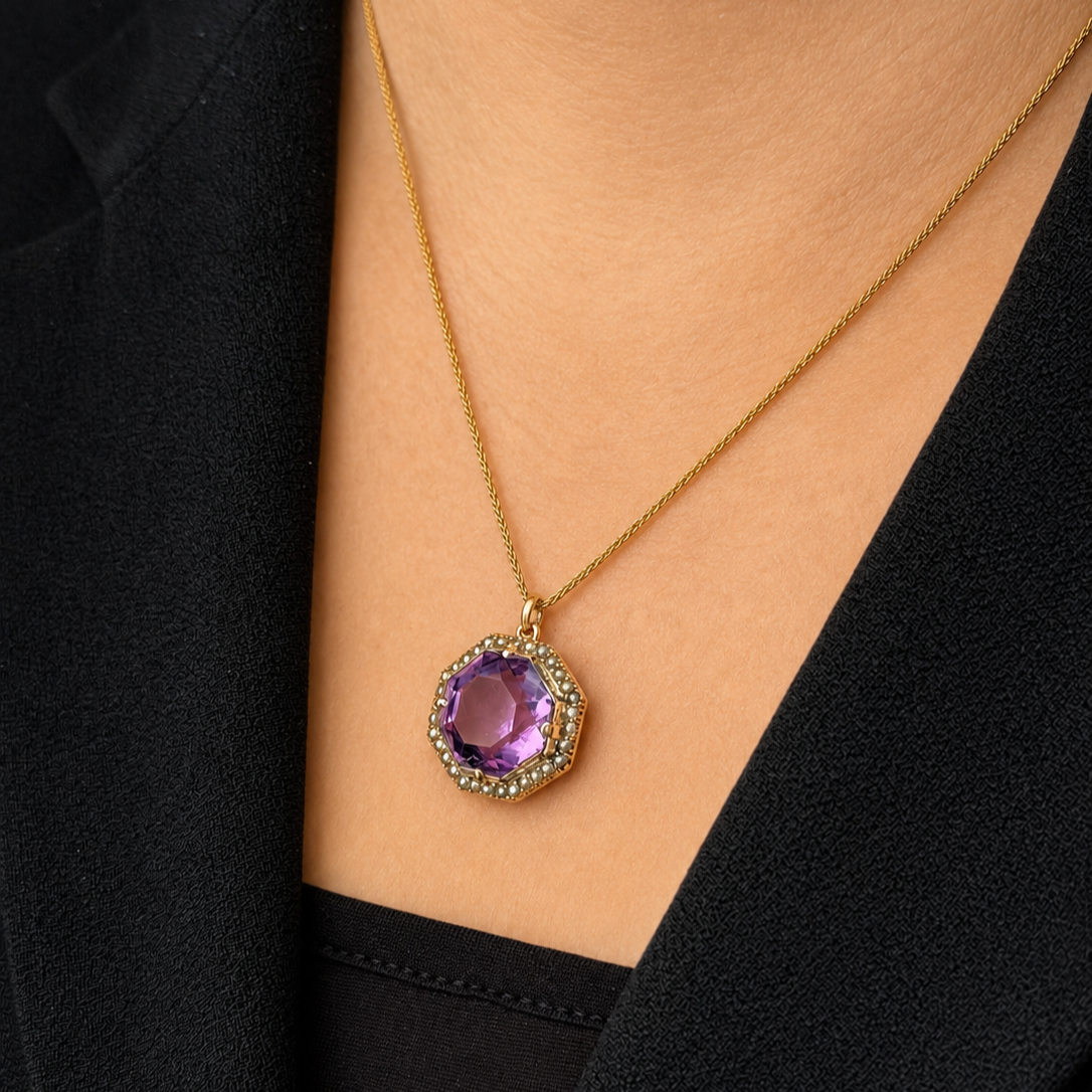 ANTIQUE VICTORIAN AMETHYST & SEED PEARL PENDANT 9ct GOLD