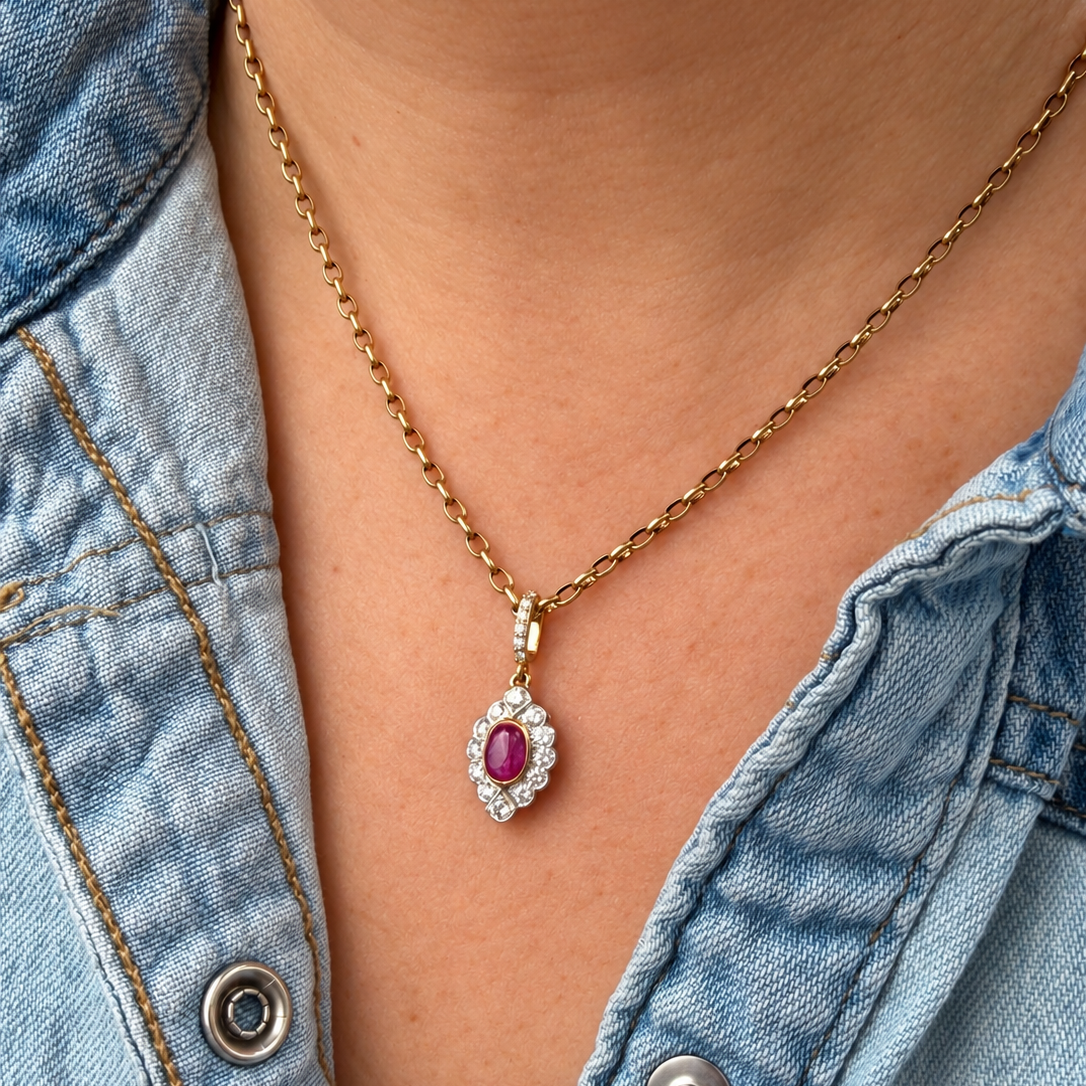ART DECO RUBY & DIAMOND PENDANT 18ct GOLD