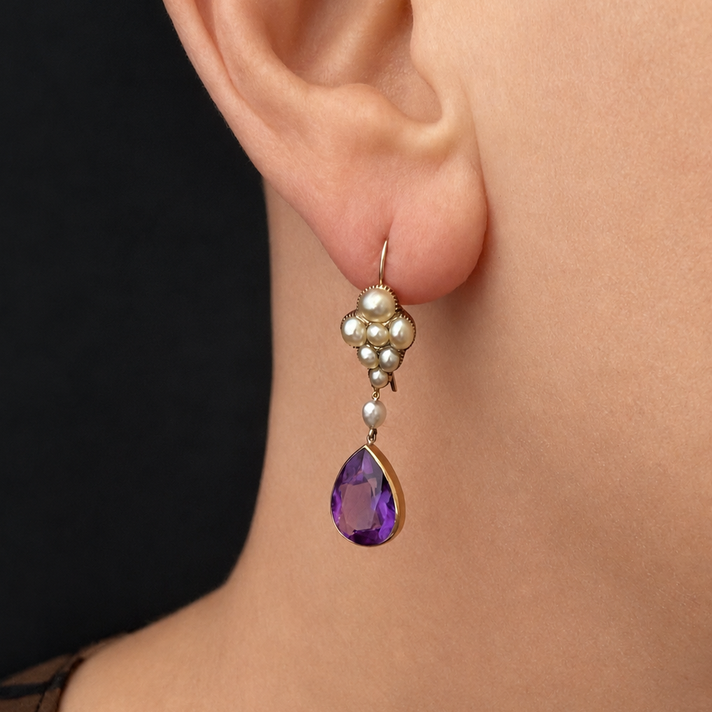 ANTIQUE VICTORIAN c1880 NATURAL PEARL &amp; AMETHYST EARRINGS 18ct GOLD