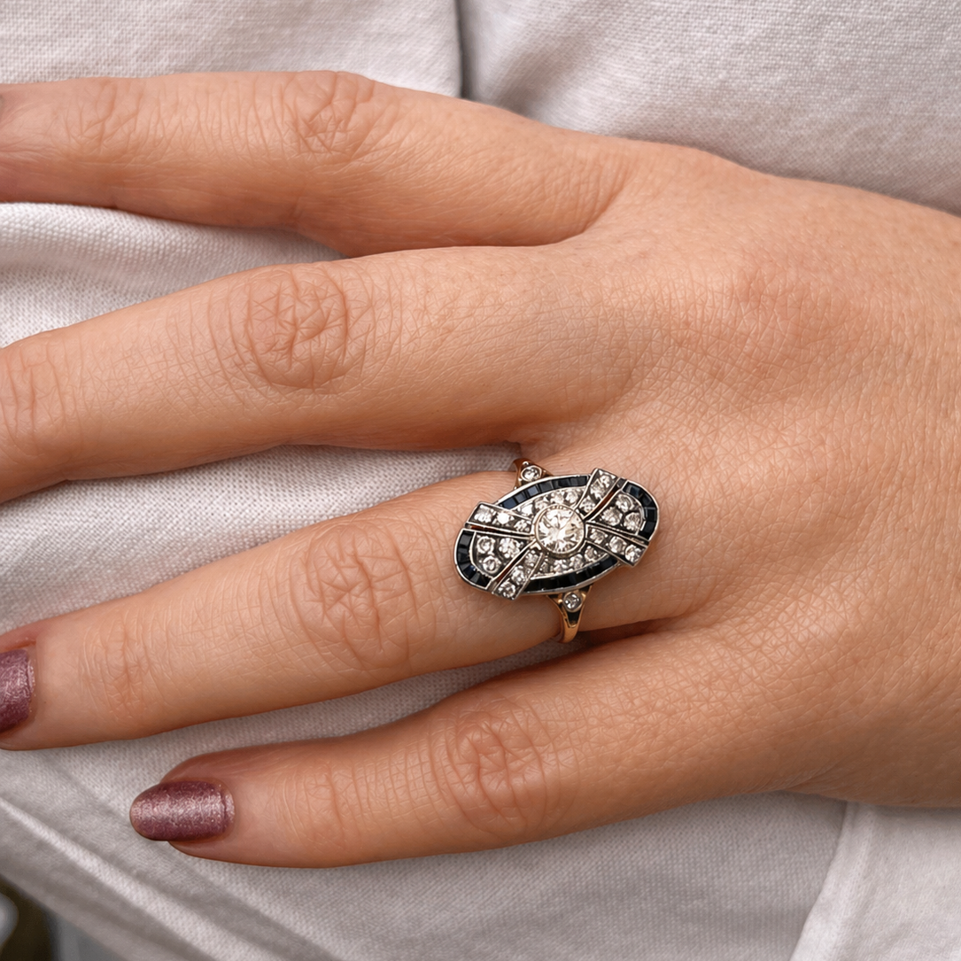 ANTIQUE ART DECO SAPPHIRE &amp; DIAMOND RING 18ct GOLD