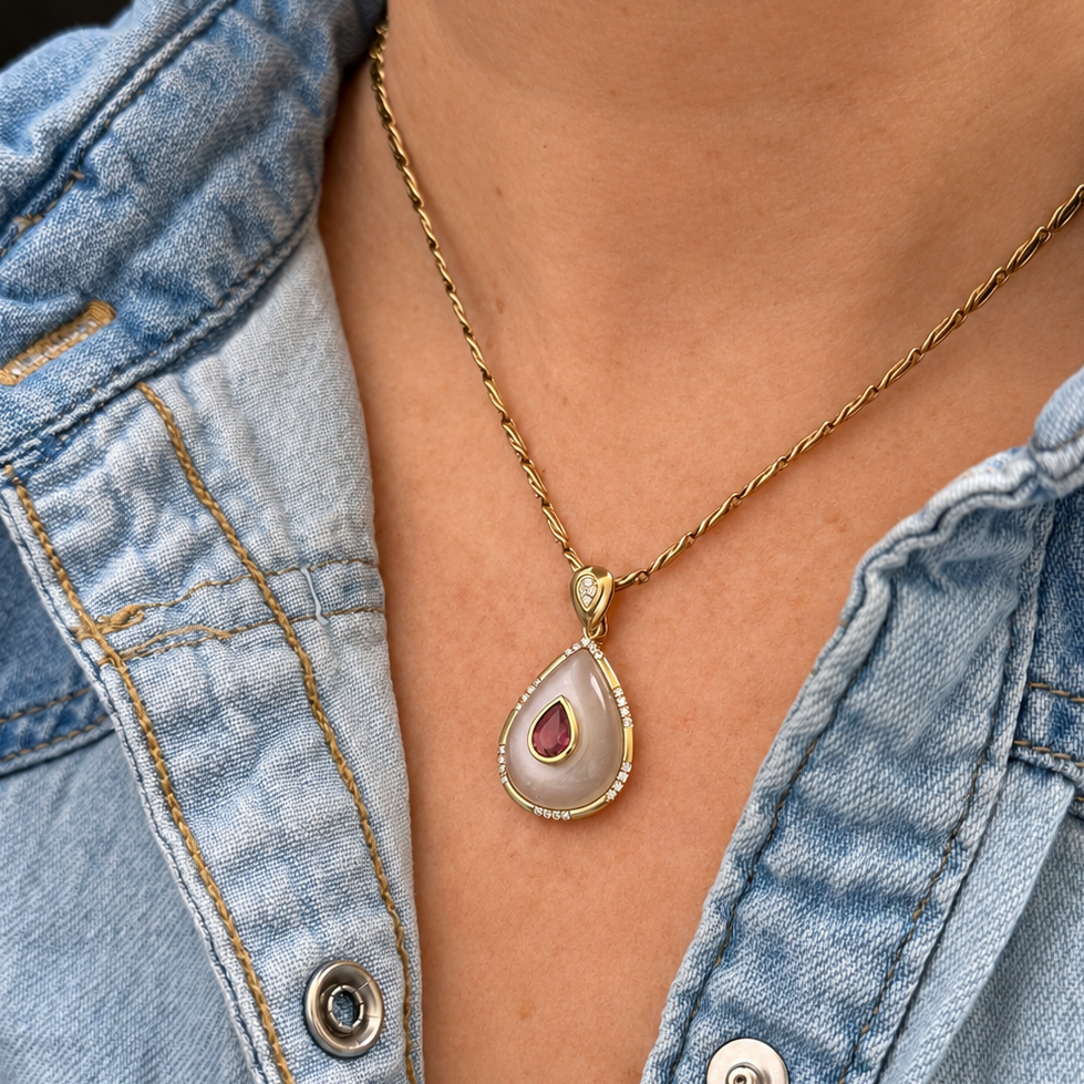 CHALCEDONY TOURMALINE & DIAMOND PENDANT 9ct GOLD