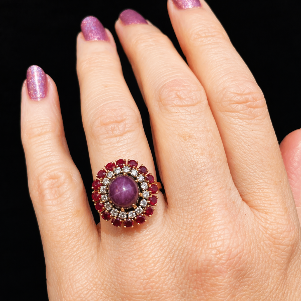 VINTAGE c1940 6ct STAR RUBY, RUBY & DIAMOND RING 18ct GOLD
